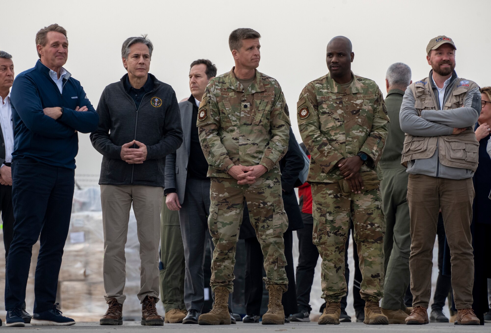 U.S. Secretary of State Antony J. Bliken, central left, U.S. Air Force Lt. Col. Matthew Bryan, center, 728th Air Mobility Squadron commander, and USAF Chief Master Sgt. Brenton Phillips, 728 AMS senior enlisted leader, visits the equipment transportation area at Incirlik Air Base, Türkiye, Feb. 19, 2023.