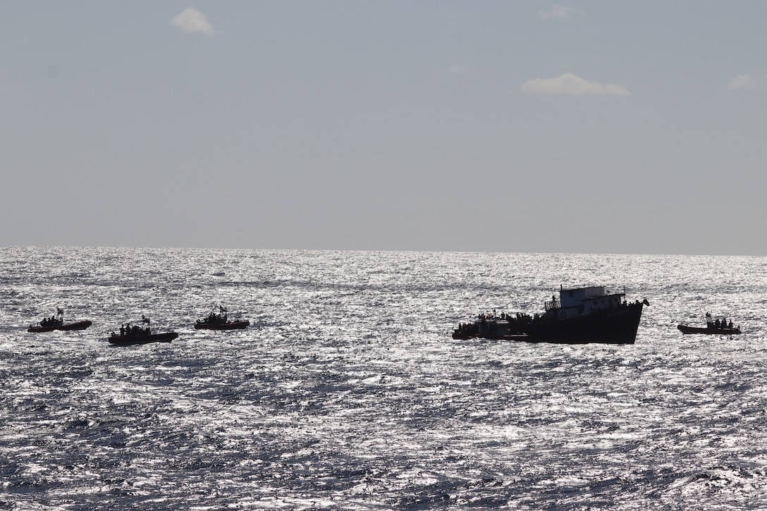 A Coast Guard Air Station C-130 airplane crew spotted a suspicious vessel and alerted Coast Guard cutters approximately 30 miles northeast of Caibarien, Cuba, Fed. 15, 2023. The people were repatriated on Feb. 20, 2023. (U.S. Coast Guard photo by Petty Officer 2nd Class Thomas Mann)