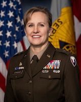 Brig. Gen. Paige M. Jennings, U.S. Army Financial Management Command commanding general, poses for an official photo at the Maj. Gen. Emmett J. Bean Federal Center in Indianapolis Feb. 14, 2023. (U.S. Army photo by Mark R. W. Orders-Woempner)