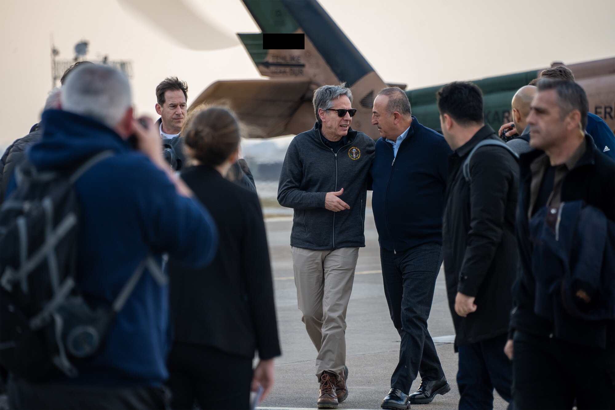 U.S. Secretary of State Antony J. Bliken talks with Turkish Foreign Minister Mevlüt Çavuşoğlu during Secretary Bliken’s visit at Incirlik Air Base, Türkiye, Feb. 19, 2023.