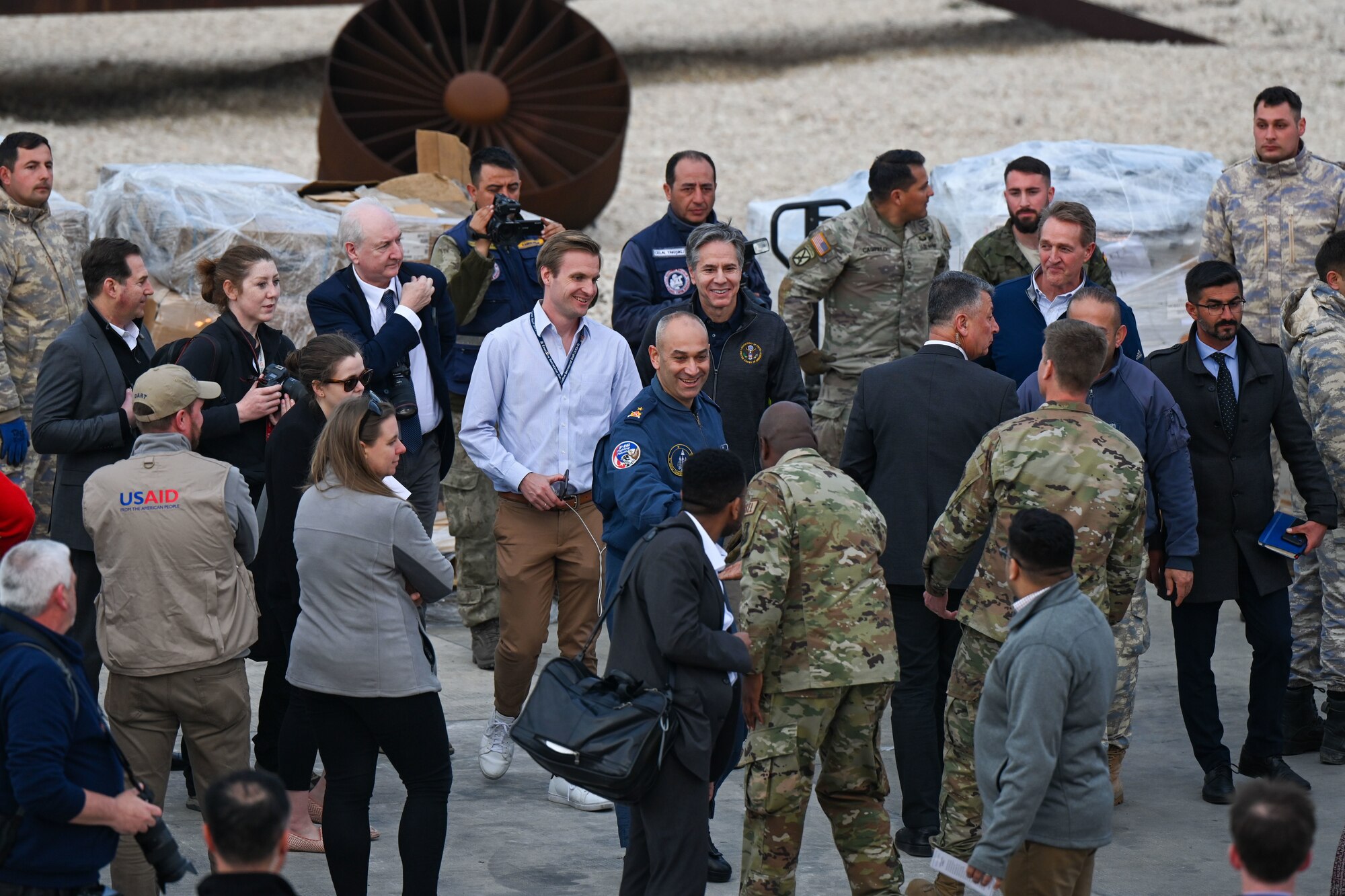 U.S. Secretary of State Antony J. Bliken and Brig. Gen. Mehmet Serkan Dan, 10th Tanker Base Command commander meet with U.S. Airmen and media during Secretary Bliken’s visit at Incirlik Air Base, Turkiye, Feb. 19, 2023.