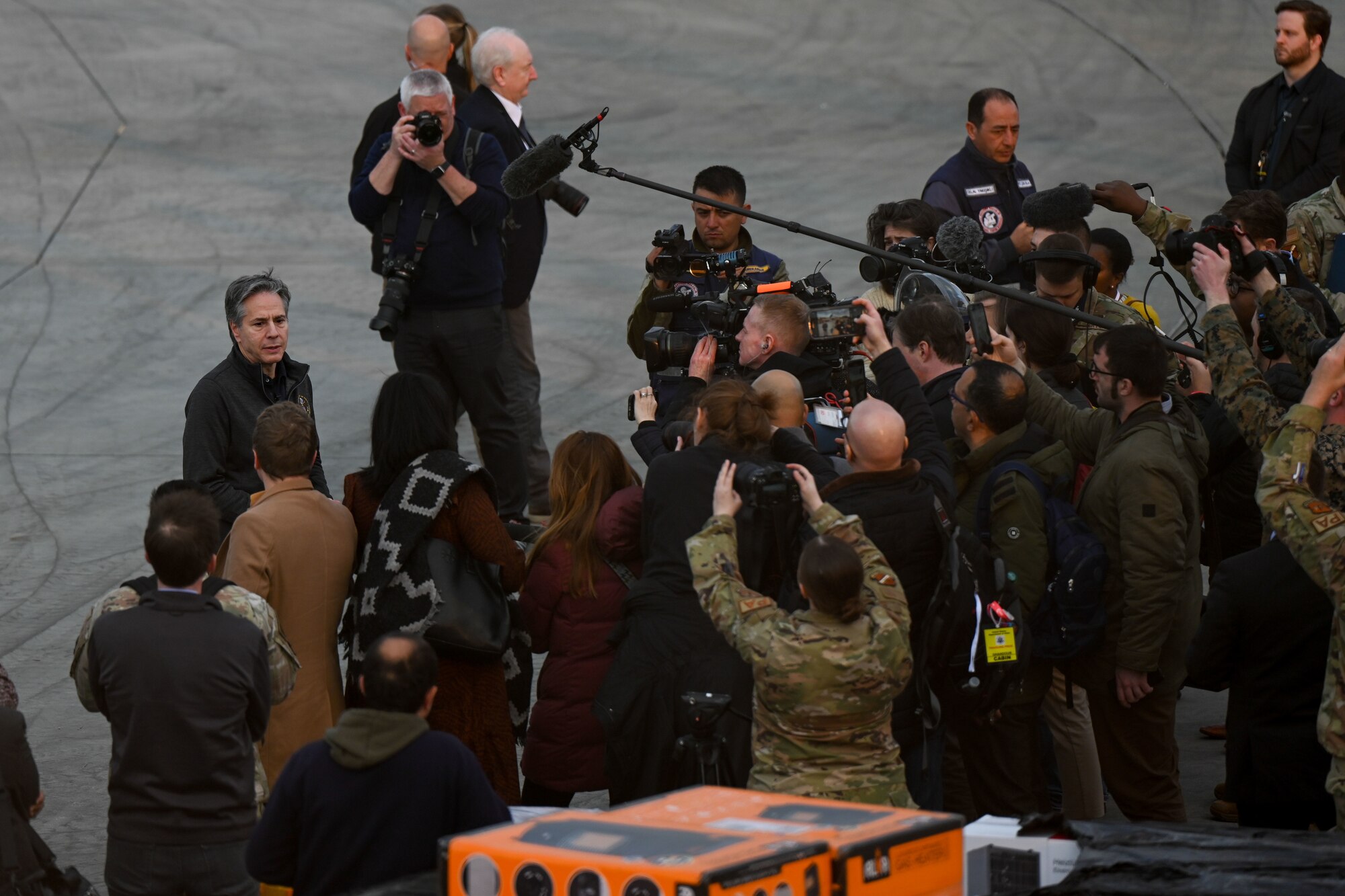 U.S. Secretary of State Antony J. Bliken participates in a press conference at Incirlik Air Base, Turkiye, Feb. 19, 2023.