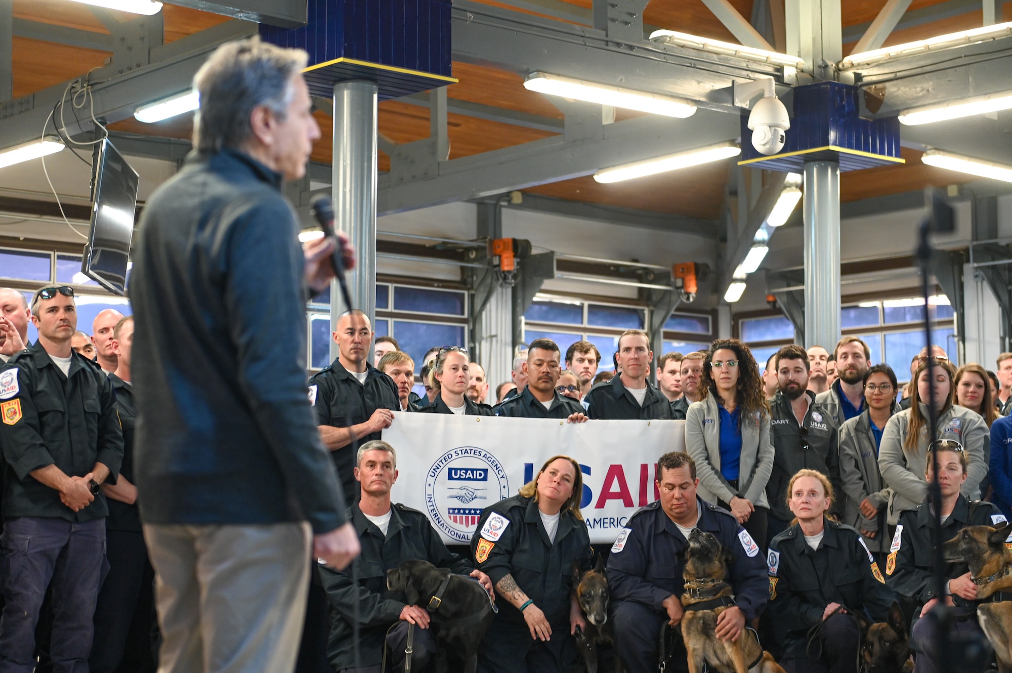 U.S. Secretary of State Antony J. Blinken thanks USAID DART members for their role in supporting Türkiye’s humanitarian relief efforts at Incirlik Air base, Türkiye, Feb. 19, 2023.