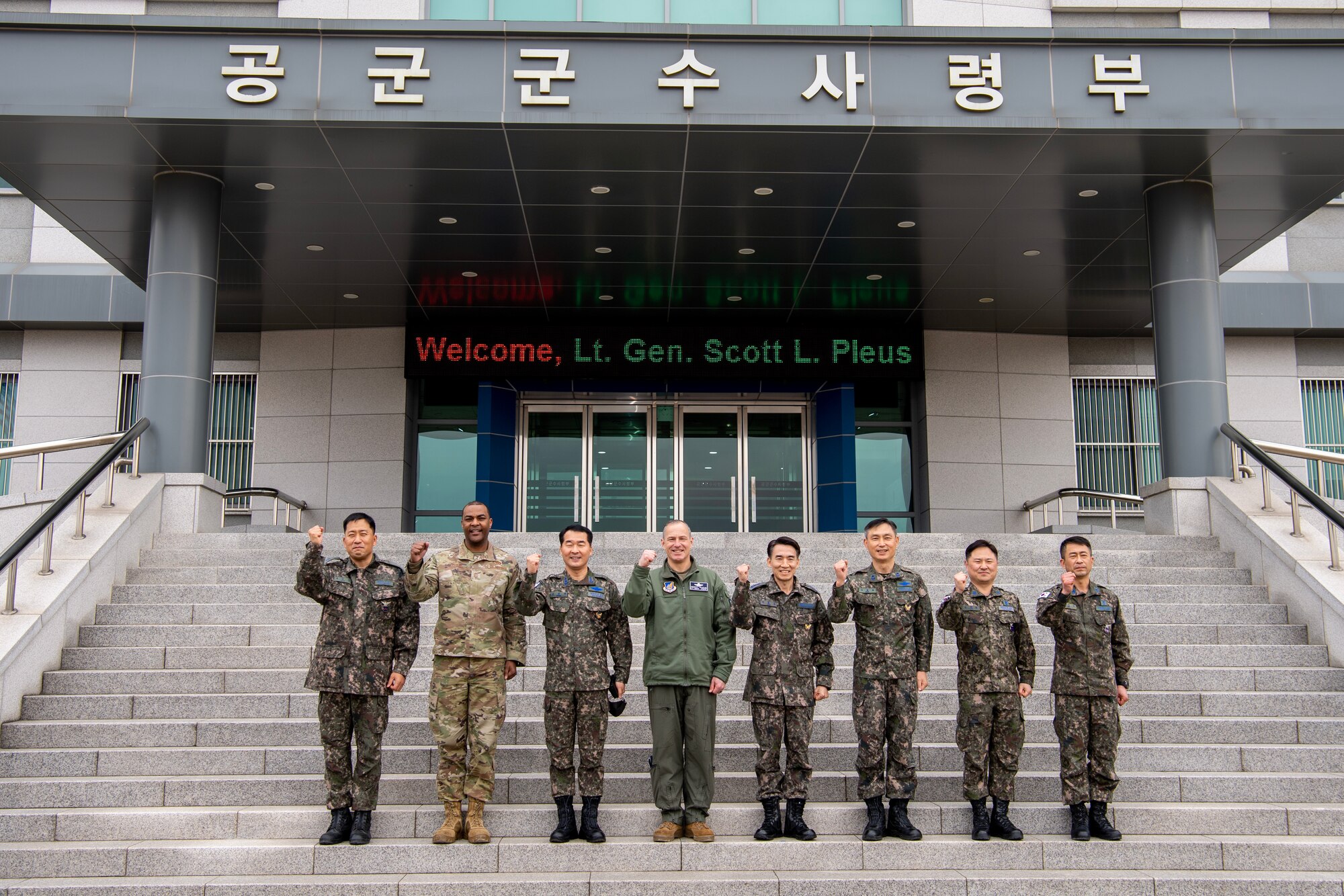 U.S. Air Force Lt. Gen. Scott Pleus (middle), 7th Air Force commander and U.S. Air Force Chief Master Sgt. Alvin Dyer (left), 7 AF command chief, pose for a group photo with Republic of Korea Air Force leaders from ROKAF Logistics Command, the 11th Fighter Wing, and the ROKAF Air Combat Command in Daegu, Republic of Korea, Feb. 16, 2023.