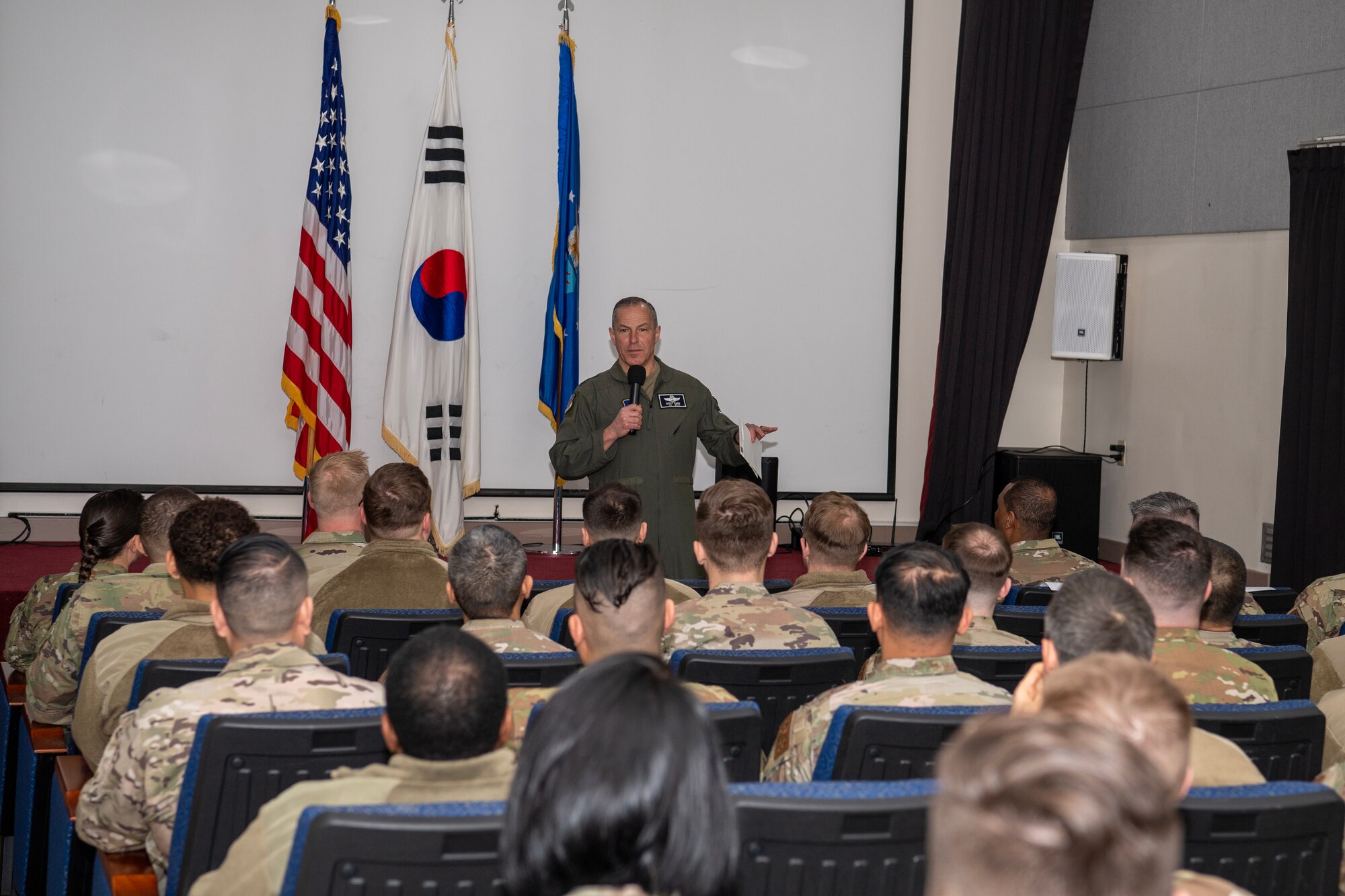 U.S. Air Force Lt. Gen. Scott Pleus, 7th Air Force commander, speaks to Airmen from the 607th Materiel Maintenance Squadron (MMS) during an all-call in Daegu, Republic of Korea, Feb. 16, 2023.