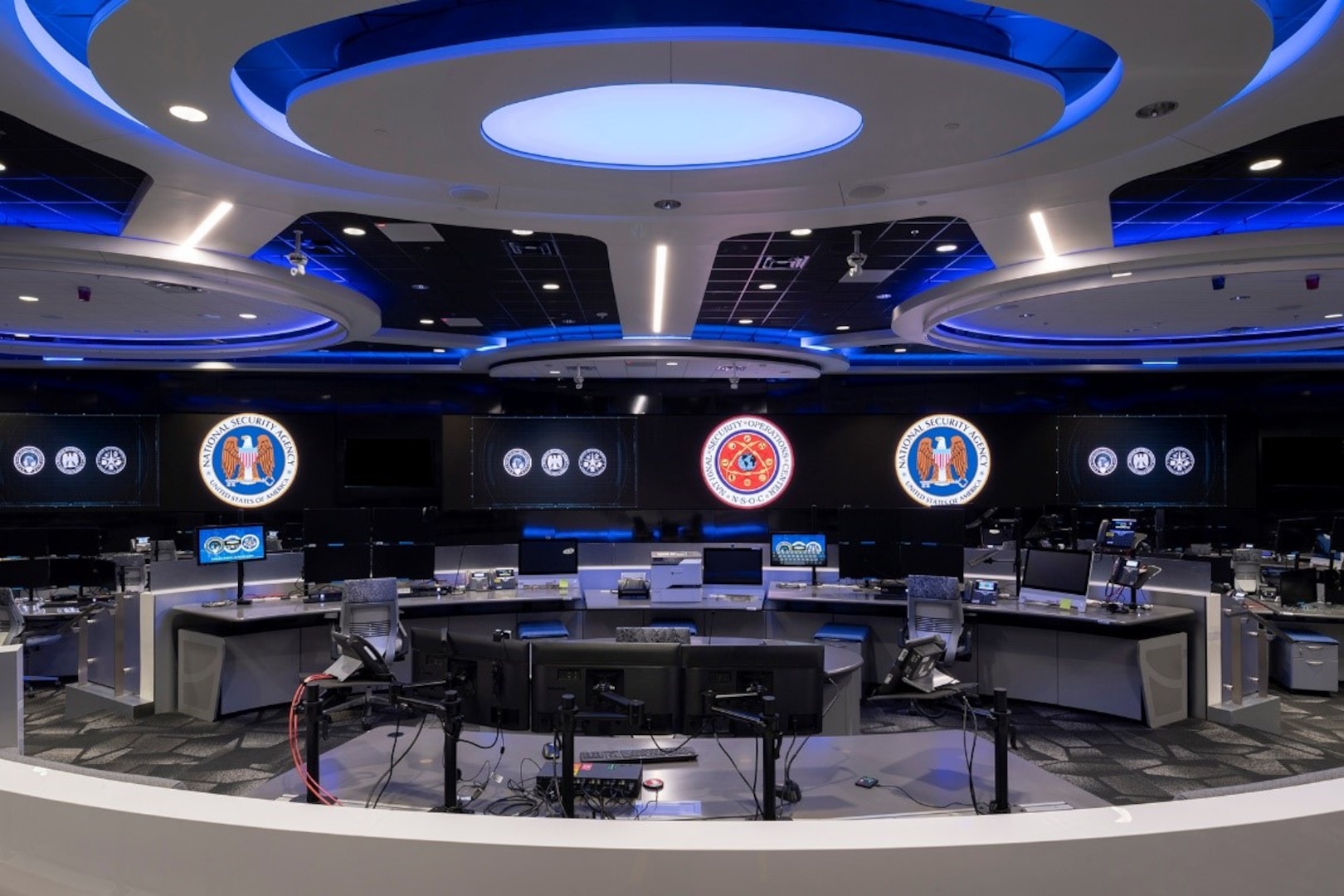 View of the new NSOC watch floor, featuring the SOO pit in the center.