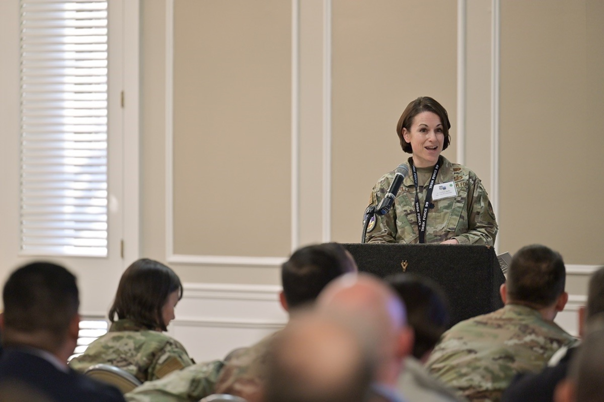 U.S. Air Force Lt. Col. Erin Brilla, Task Force 99 commander, provides an overview of Innovation Day at Shaw Air Force Base, S.C., Feb. 15, 2023. This was the first Innovation Day hosted by Ninth Air Force (Air Forces Central).  More than 70 industry partners and 230 participants attended the event designed to connect the organization with solutions to problem sets in their 21-country area of responsibility.