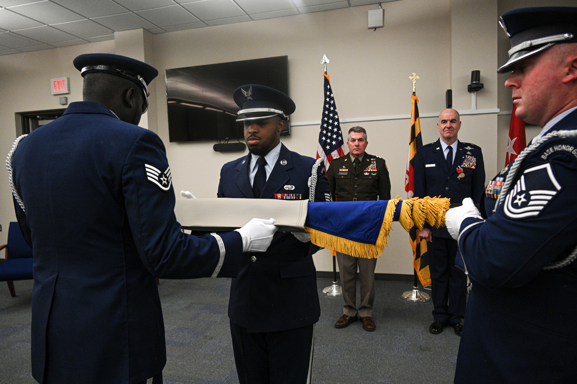Members from the 175th Wing Honor Guard retire the one star flag of U.S. Air Force Brig. Gen. Edward Jones, assistant adjutant general-air, Maryland National Guard, during his retirement ceremony, Feb. 11, 2023, at Warfield Air National Guard Base at Martin State Airport, Middle River, Maryland.