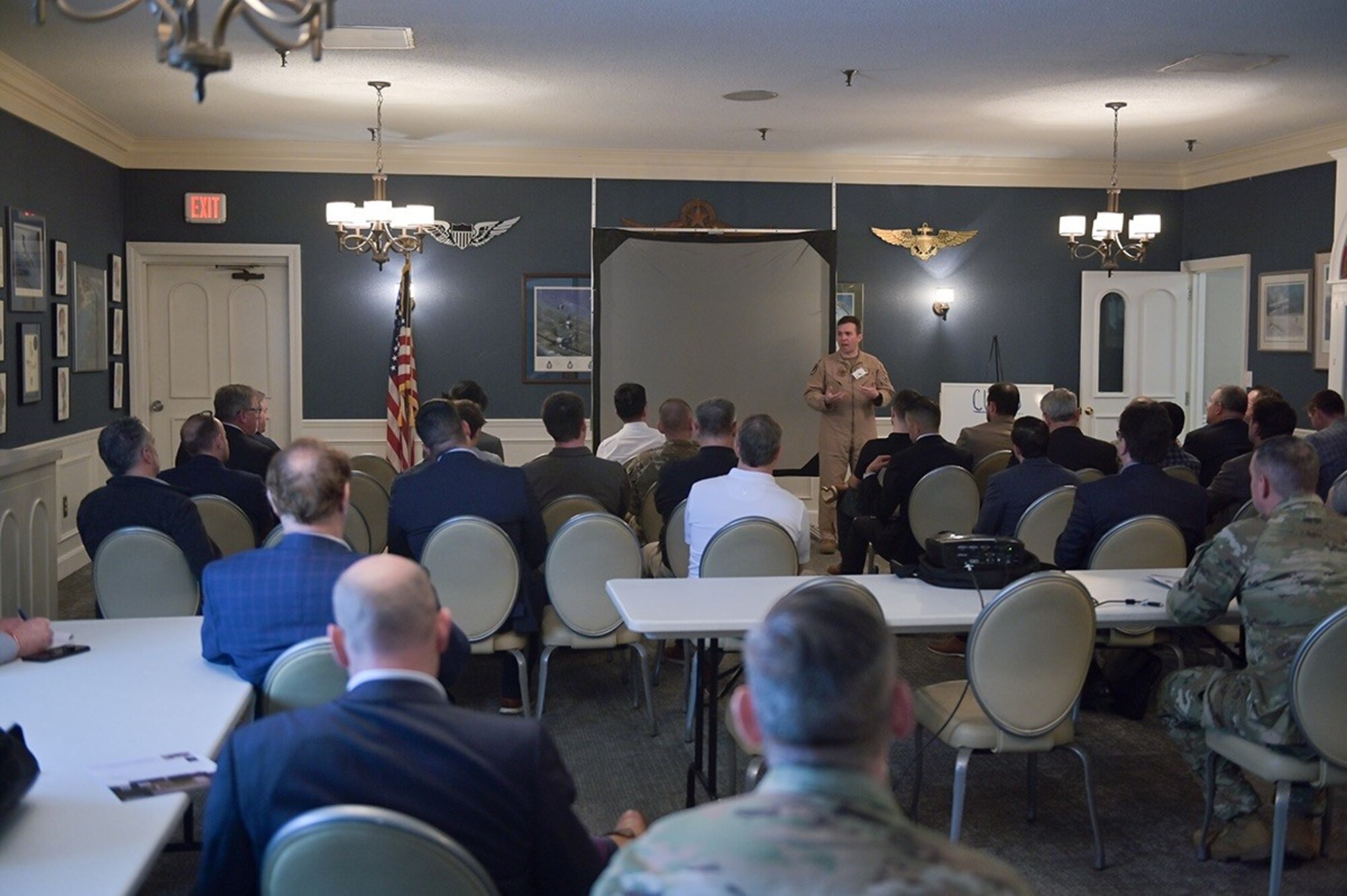 U.S. Air Force members and industry partners discuss solutions to unmanned aerial system challenges within the U.S. Central Command area of responsibility during an Innovation Day breakout group at Shaw Air Force Base, S.C., Feb. 15, 2023. This was the first Innovation Day hosted by 9 AF (AFCENT).  More than 70 industry partners and 230 participants attended the event designed to connect the organization with solutions to problem sets in their 21-country area of responsibility.