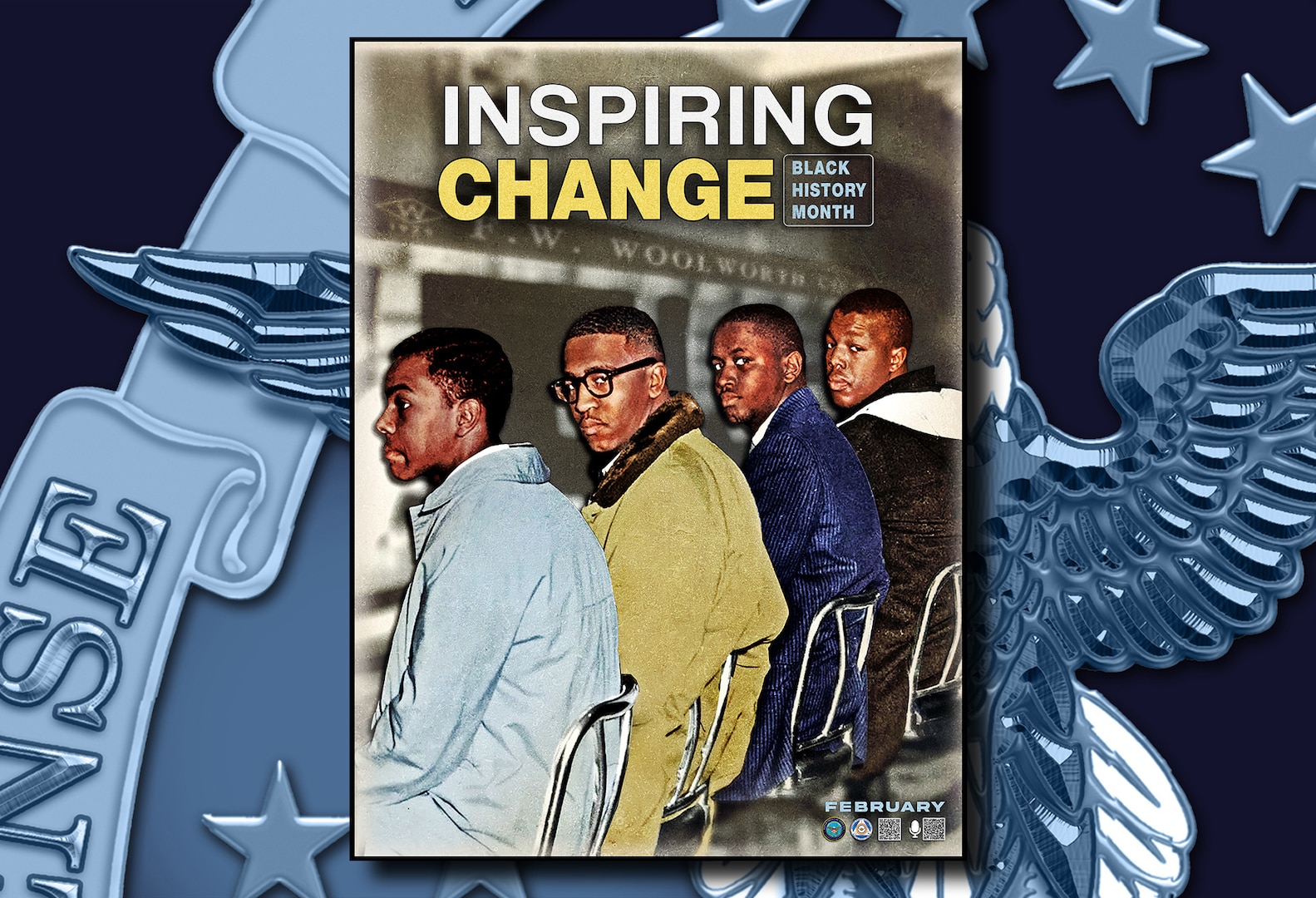 Four young Black men are seated at a counter. Text that says "Inspiring Change" floats above them. The men are dressed in similarly designed light jackets of varying colors of light blue, gold, blue and brown.