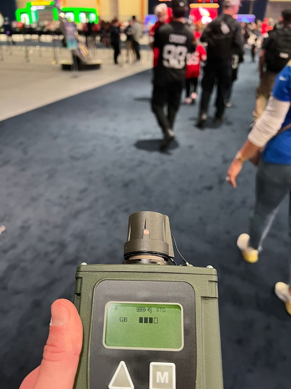 Staff Sgt. Zach Martin, a member of the Utah National Guard 85th Weapons of Mass Destruction–Civil Support Team, uses a Joint Chemical Agent Detector while conducting Joint Hazard Assessment Team operations in the NFL Experience, on the days leading up to Super Bowl LVII, in downtown Phoenix, Arizona, Feb. 7, 2023.