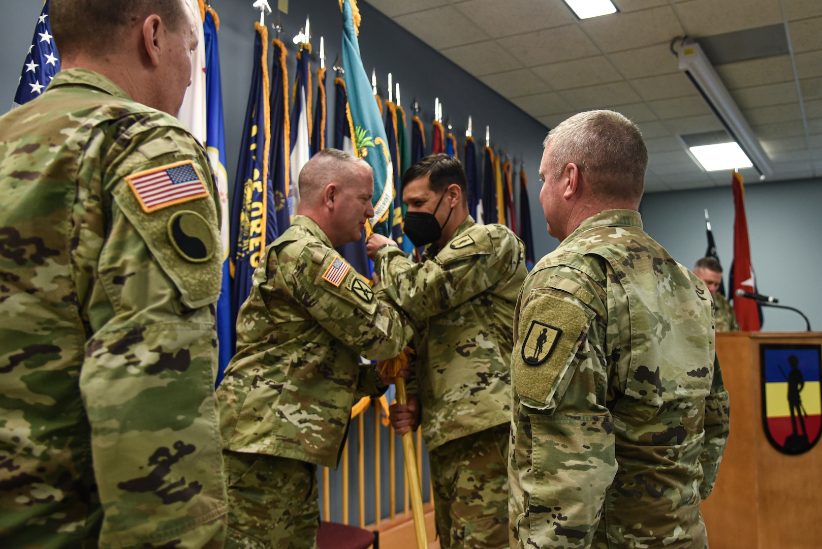 Col. Kurt K. Kobernik takes command of the Fort Pickett-based 183rd Regiment, Regional Training Institute from Col. Charles B. Martin Jr. Feb. 11, 2023, in a traditional change of command ceremony held at Fort Pickett, Virginia.  Brig. Gen. K. Weedon Gallagher, the Virginia National Guard Assistant Adjutant General - Army, presided over the exchange of organizational colors signifying the transfer of command from Martin to Kobernik. The Troutville-based 29th Division Band provided music for the ceremony. (U.S. Army National Guard photo by Sgt. 1st Class Terra C. Gatti)