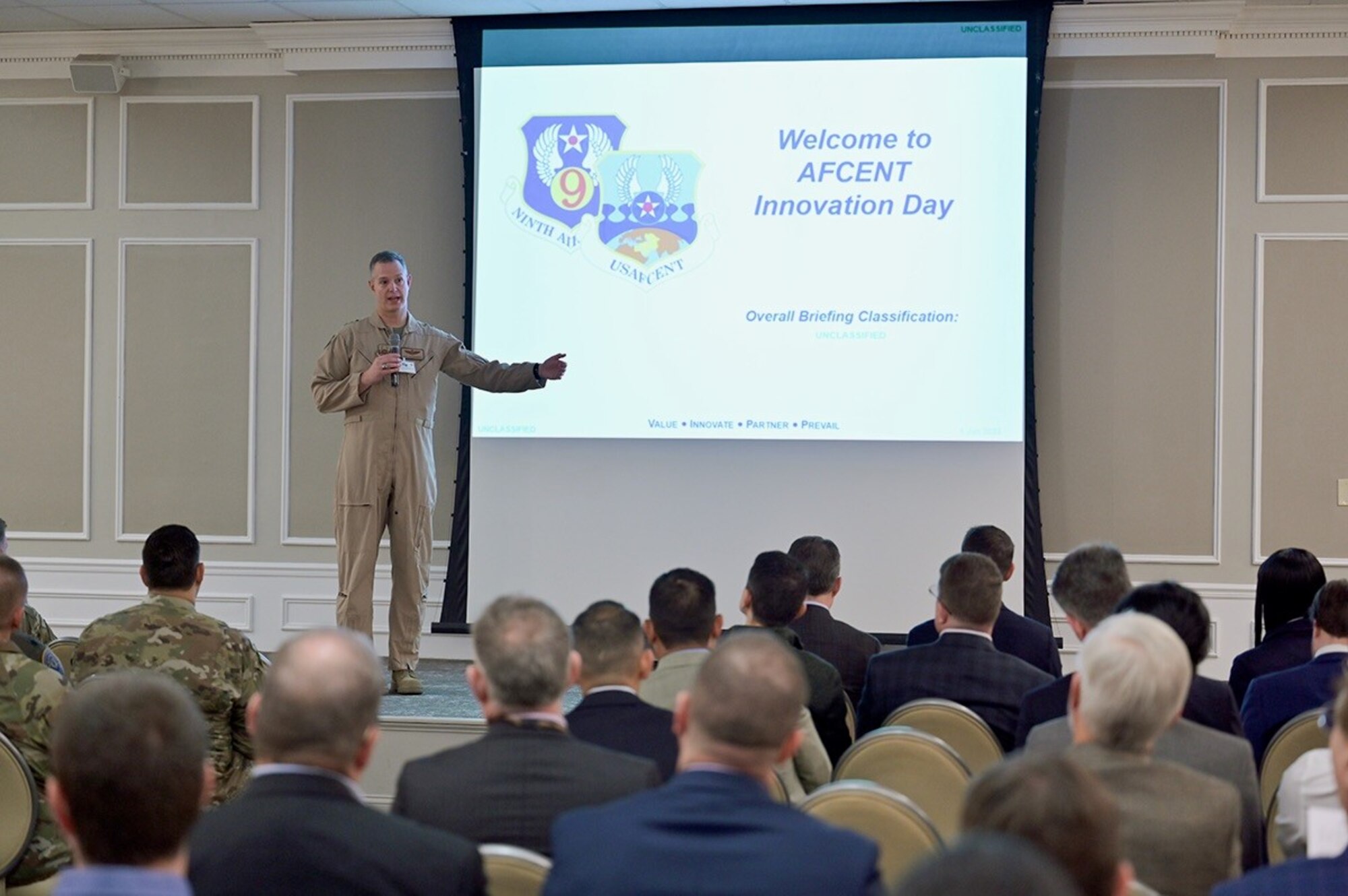 U.S. Air Force Lt. Gen. Alexus Grynkewich, Ninth Air Force (Air Forces Central) commander, offers opening remarks during Innovation Day at Shaw Air Force Base, S.C., Feb. 15, 2023. 
This was the first Innovation Day hosted by 9 AF (AFCENT).  More than 70 industry partners and 230 participants attended the event designed to connect the organization with solutions to problem sets in their 21-country area of responsibility.