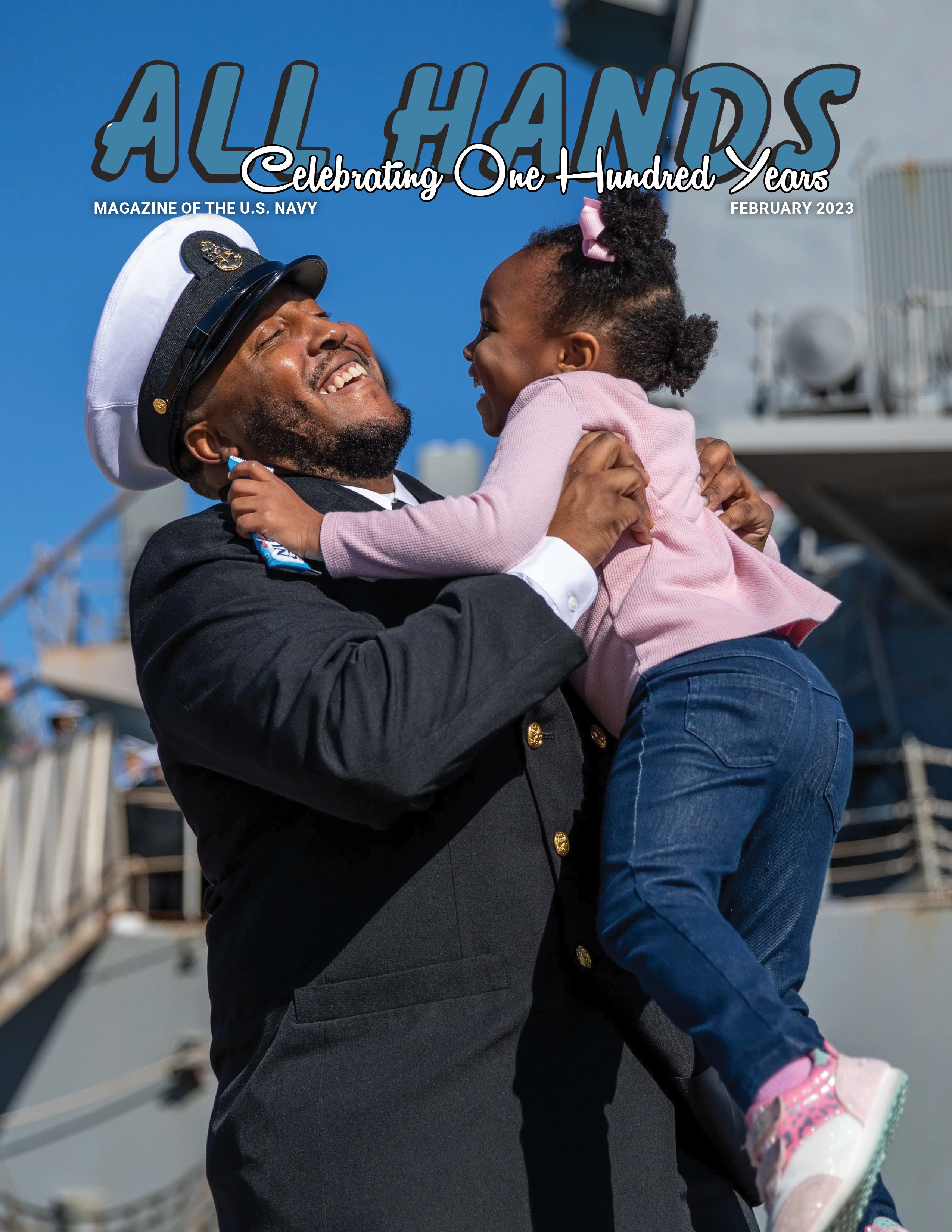 Sailor in uniform gleefully picked up his smiling daughter dressed in pink shirt, jeans and pink sneakers at dock