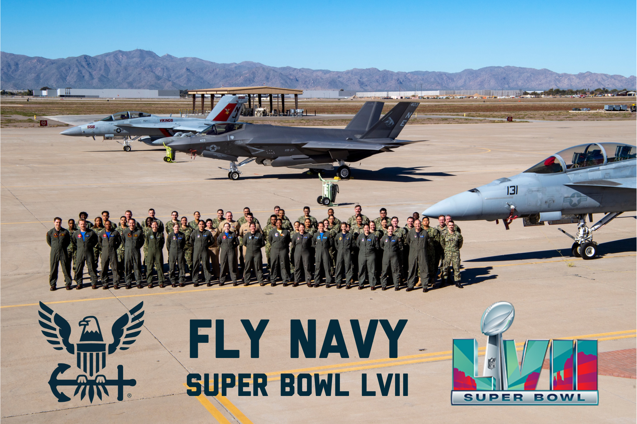 Graphic highlighting the Sailors conducting flyover operations and aircraft maintenance at Super Bowl LVII.