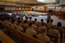 U.S. Marine Corps Sgt. Maj. Sael Garcia, sergeant major of Marine Aircraft Group 24, Marine Corps Base Hawaii, attends as the guest speaker for Headquarters Battalion's Corporals Course 1-23 graduation ceremony, Marine Corps Base Hawaii, Feb. 10, 2023. Corporals Course aims to provide Marine noncommissioned officers with the skills and knowledge necessary to become successful small-unit leaders. (U.S. Marine Corps photo by Cpl. Israel Ballaro)