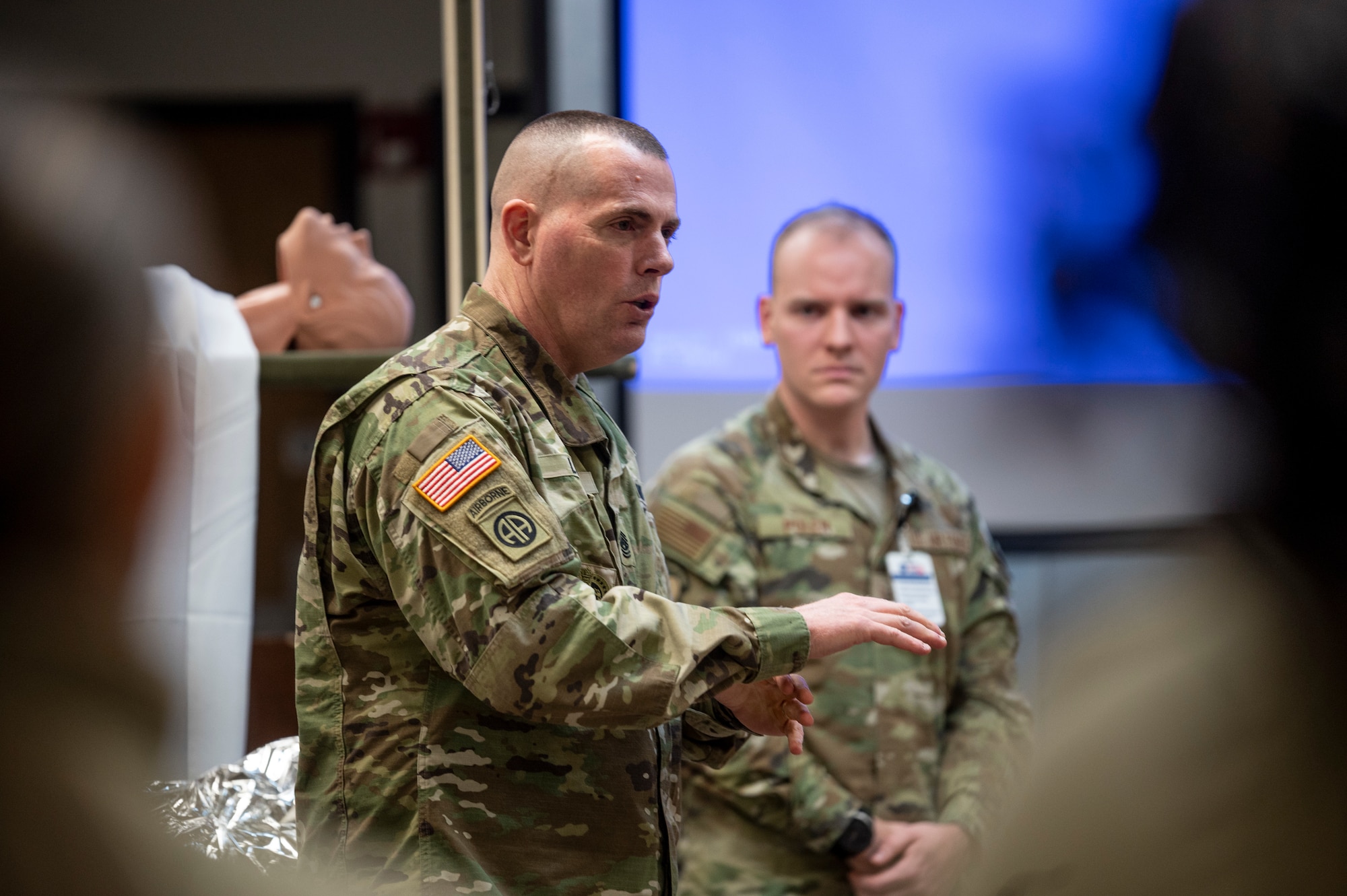 Command Sgt. Maj. Jack Love, U.S. Forces Korea Senior Enlisted Advisor, speaks with members assigned to the 51st Medical Group during his visit at Osan Air Base, Republic of Korea, Feb. 16, 2023.