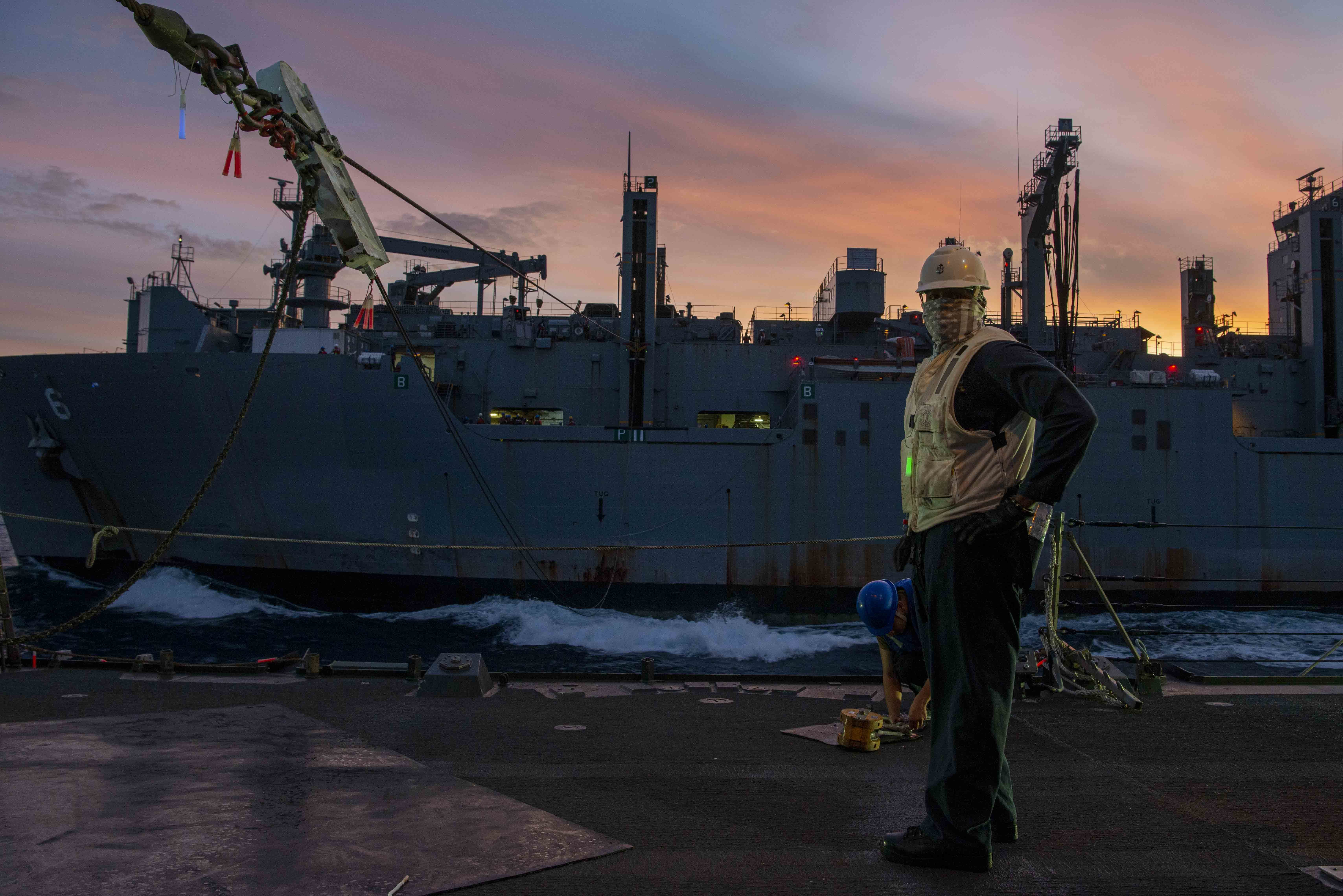 USS Wayne E. Meyer (DDG 108) replenishes from USNS Amelia Earhart (T-AKE 6) in the South China Sea.