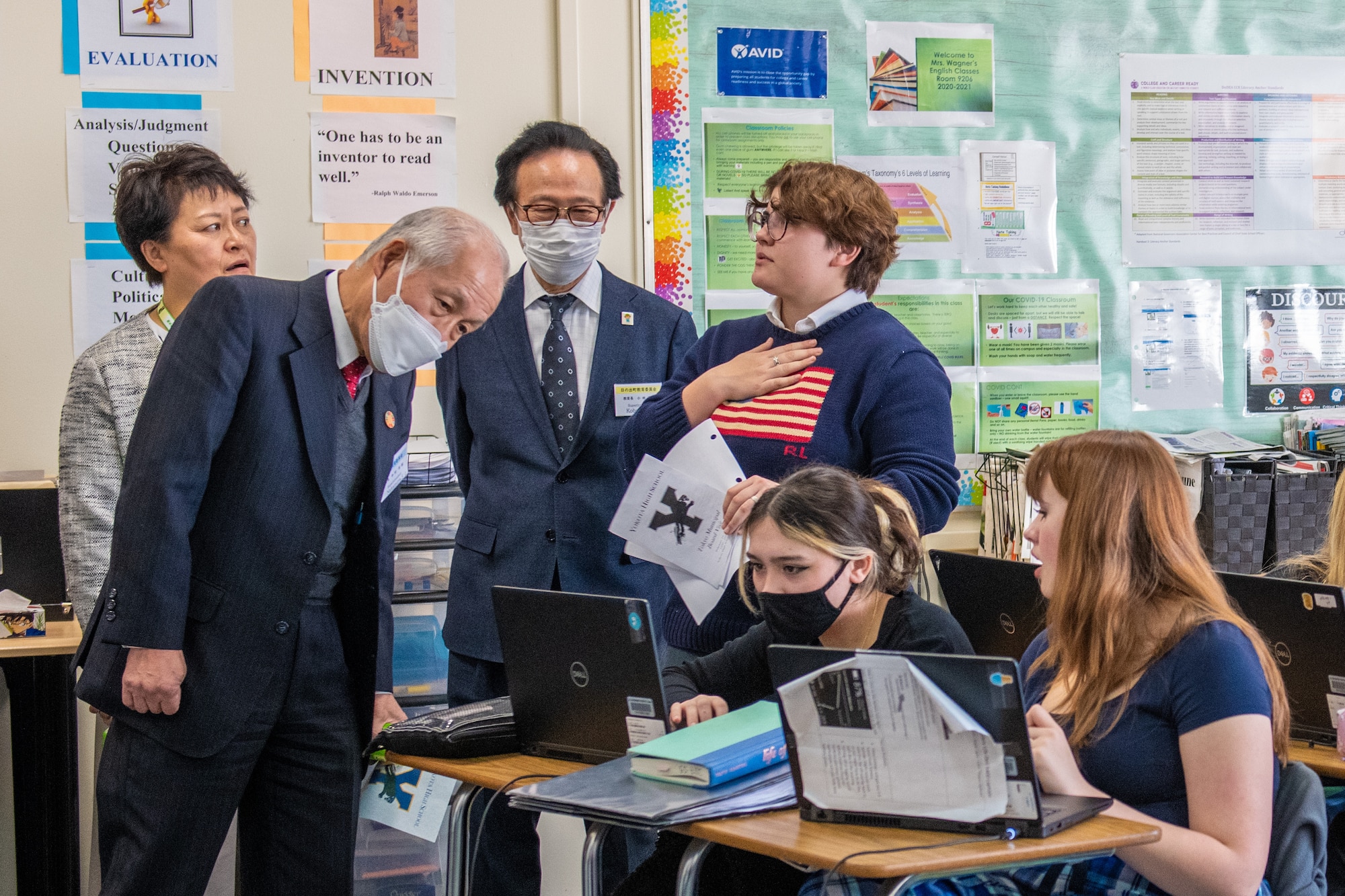 Members of the Japanese Board of Education visit a Yokota High School classroom during an immersion with Department of Defense Education Activity Pacific East District representatives, Feb. 16, 2023, at Yokota Air Base, Japan.