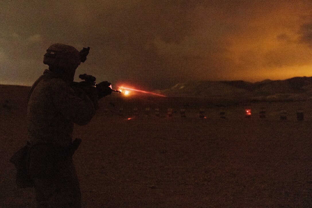 U.S. Marine Corps Cpl. Jason Carreon, a field radio operator with 2nd Amphibious Battalion, 2nd Marine Division, participates in a range during Intrepid Maven 23.2, Feb. 20, 2023. Intrepid Maven is a bilateral exercise between USMARCENT and the IDF designed to improve interoperability, strengthen partner-nation relationships in the U.S. Central Command area of operations and improve both individual and bilateral unit readiness. (U.S. Marine Corps photo by Lance Cpl. Emma Gray)