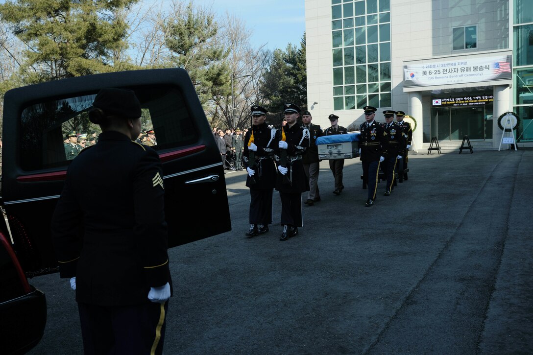 U.S. and Republic of Korea military and government officials conduct a repatriation ceremony at the Ministry of National Defense Agency for Killed in Action Recovery Identification (MAKRI) Headquarters in Seoul, Feb. 23, 2023.  Accepting the remains on behalf of the U.S., was Defense POW/MIA Accounting Agency Director, Mr. Kelly McKeague. The remains will be transported to the DPAA laboratory for further scientific analysis. There are currently more than 7,500 unaccounted for American service members from the Korean War. (U.S. Army photo by Sgt. 1st Class Corey Idleburg)