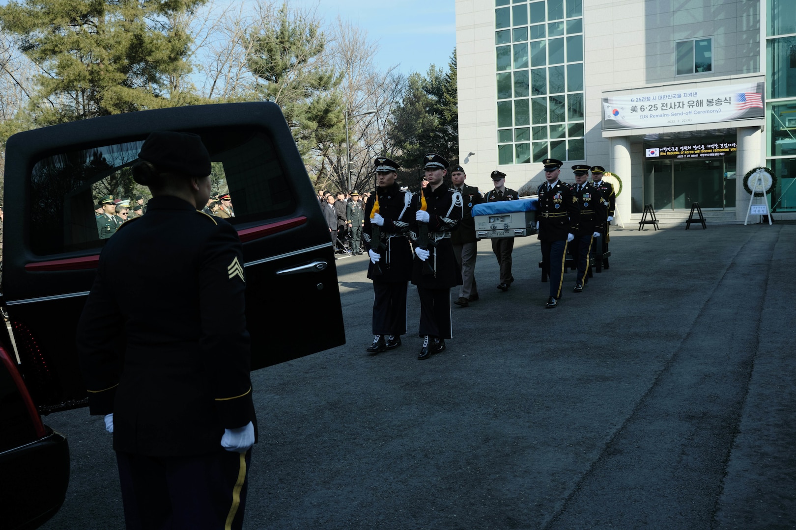 U.S. and Republic of Korea military and government officials conduct a repatriation ceremony at the Ministry of National Defense Agency for Killed in Action Recovery Identification (MAKRI) Headquarters in Seoul, Feb. 23, 2023.  Accepting the remains on behalf of the U.S., was Defense POW/MIA Accounting Agency Director, Mr. Kelly McKeague. The remains will be transported to the DPAA laboratory for further scientific analysis. There are currently more than 7,500 unaccounted for American service members from the Korean War. (U.S. Army photo by Sgt. 1st Class Corey Idleburg)