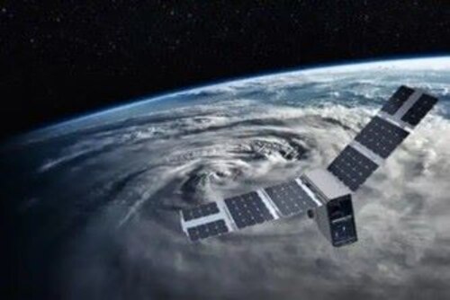 A small, low orbit satellite with microwave radiometer sensing technology assesses weather in Earth’s atmosphere.