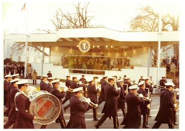 President Carter, First Lady Rosalyn, and visiting VIPs review CG Band at inaugural parade 1977. 