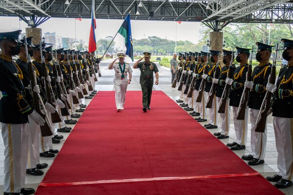MANILA, Philippines (Feb. 22, 2023) - Chief of Naval Operations (CNO) Adm. Mike Gilday arrives at the Armed Forces of the Philippines General Headquarters for an office call with Armed Forces of the Philippines Chief of Staff Gen. Andres Centino during his visit to Manila, Philippines, Feb. 22. Gilday visited the Philippines to engage with government officials and military leadership to discuss interoperability and further advance regional maritime security. (U.S. Navy photo by Mass Communication Specialist MC1 Michael B. Zingaro/released)