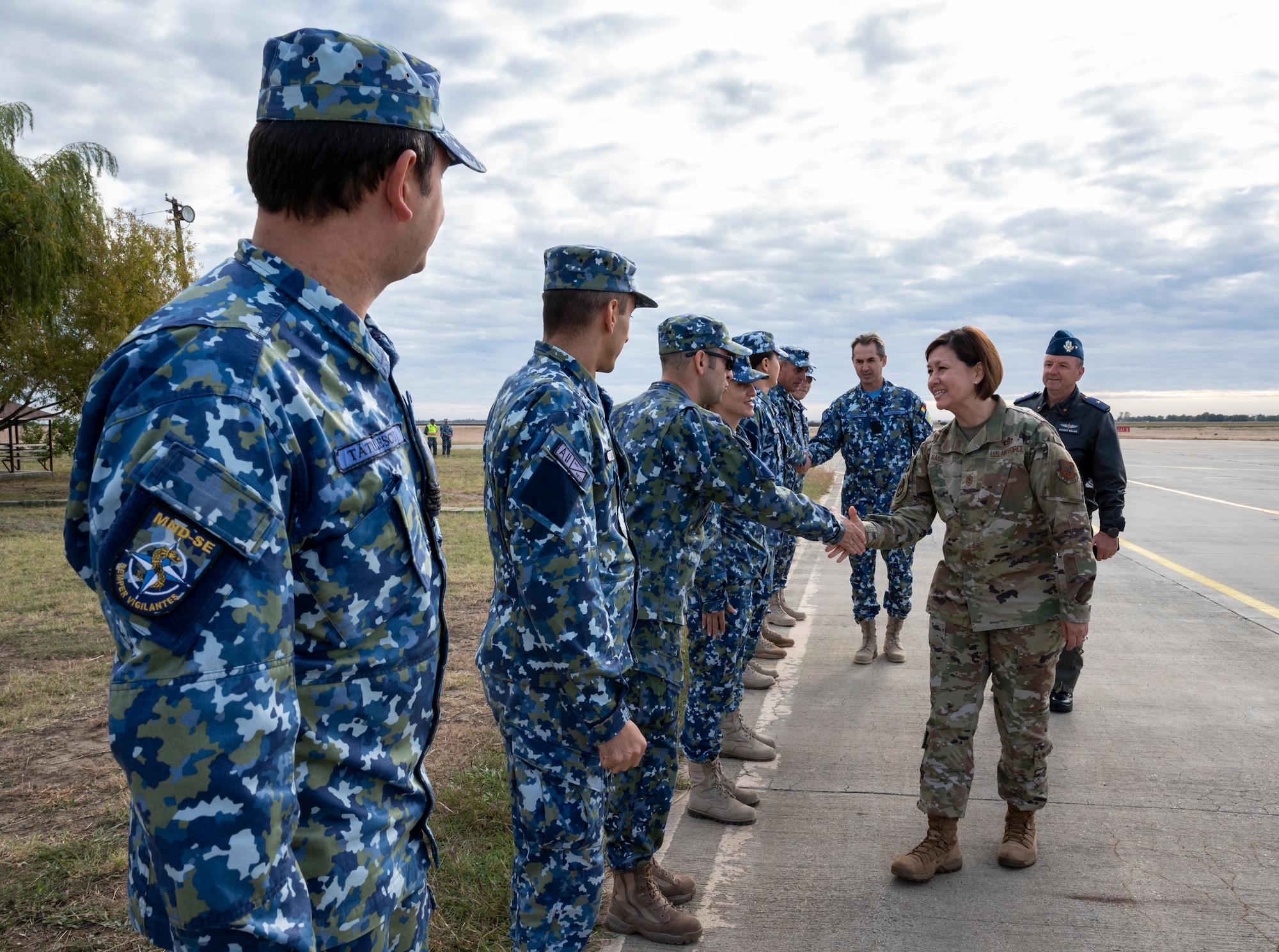 CMSAF shaking hands with members of the Romanian Air Force