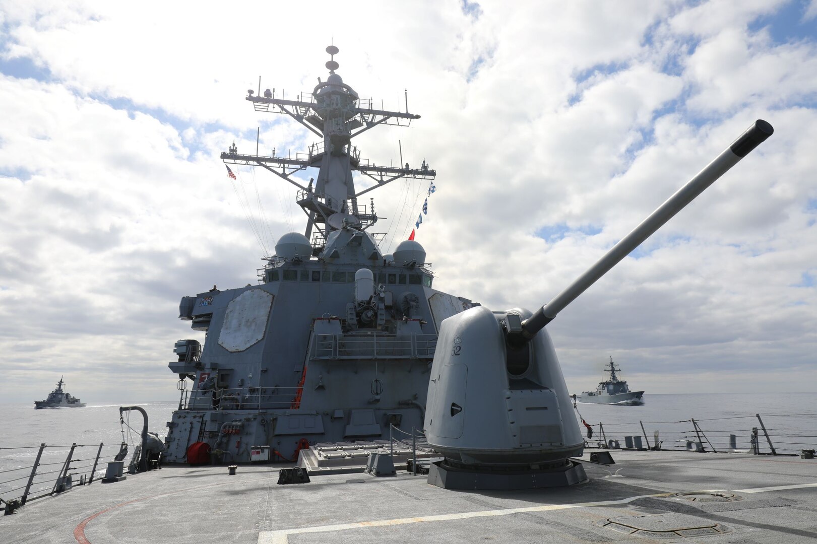 Ships from the U.S., Japan and Republic of Korea conduct a trilateral ballistic missile defense exercise in the Sea of Japan, Feb. 22. The ships included guided-missile destroyer USS Barry (DDG 52), Japan Maritime Self-Defense Force destroyer JS Atago (DDG 177) and Republic of Korea Navy destroyer ROKS Sejong the Great (DDG 991) who demonstrated the strength of the trilateral relationship and the interoperability of U.S., Japanese and ROK collective forces.