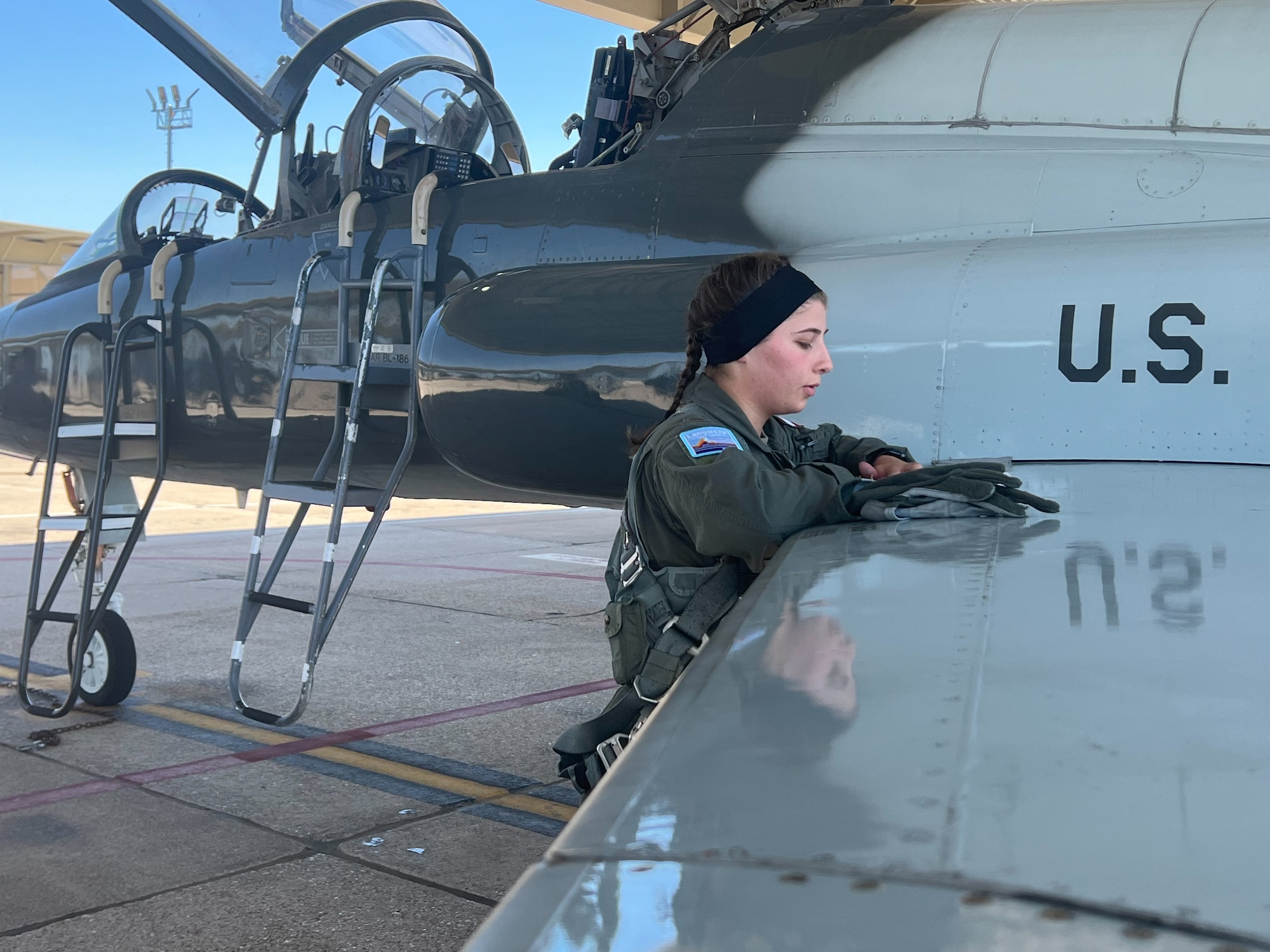 2nd Lt. Jana Sader, an international student from Lebanon performs a pre-flight inspection before a flight at Laughlin Air Force Base, Texas. Sader is the first female Lebanese fighter to attend and pass a U.S. Air Force undergraduate pilot training program. (courtesy photo)
