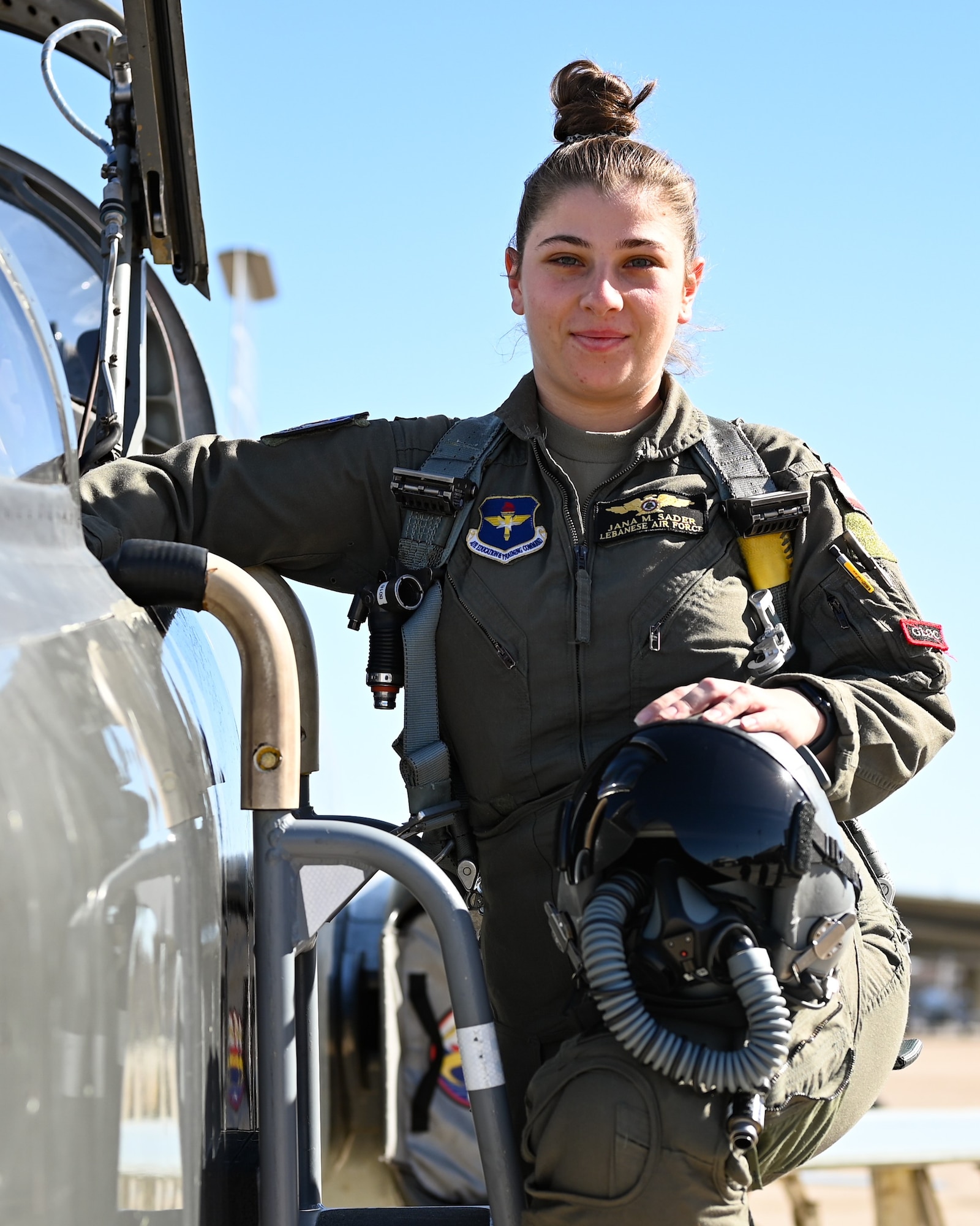 2nd Lt. Jana Sader, an international student from Lebanon attending undergraduate pilot at the 47th Flying Training Wing, poses in front of a T-38 Talon on Jan 18, 2023, at Laughlin Air Force Base, Texas. Sader is the first female Lebanese fighter to attend and pass a U.S. Air Force undergraduate pilot training program. (U.S. Air Force photo by Airman 1st Class Keira Rossman)