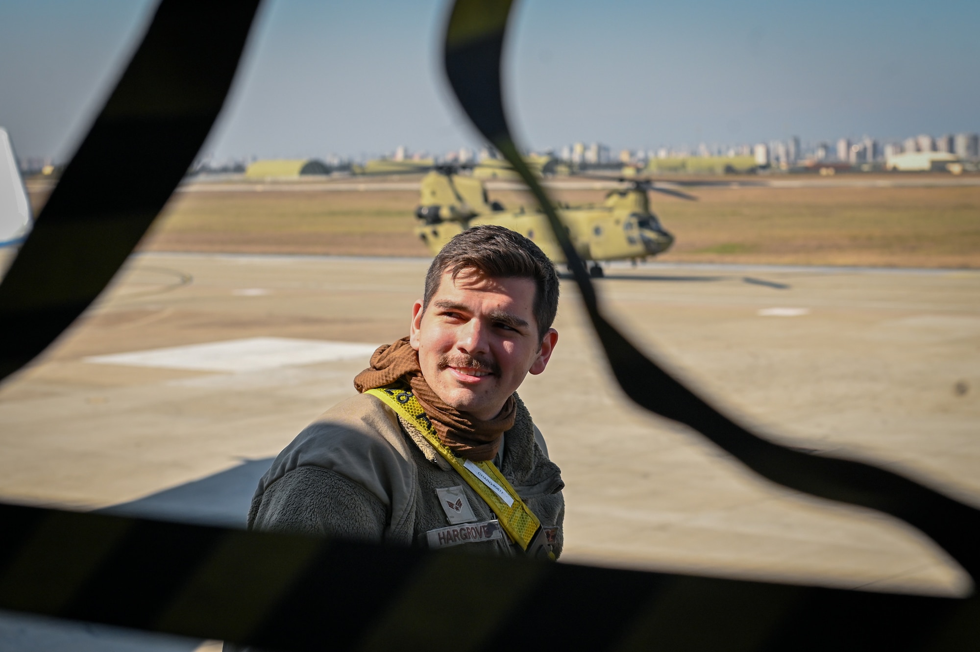 Senior Airman Caleb Hargrove, an air transportation specialist assigned to the 728th Air Mobility Squadron, prepares to unload medical shelters and equipment at Incirlik Air Base, Türkiye, Feb. 18, 2023.