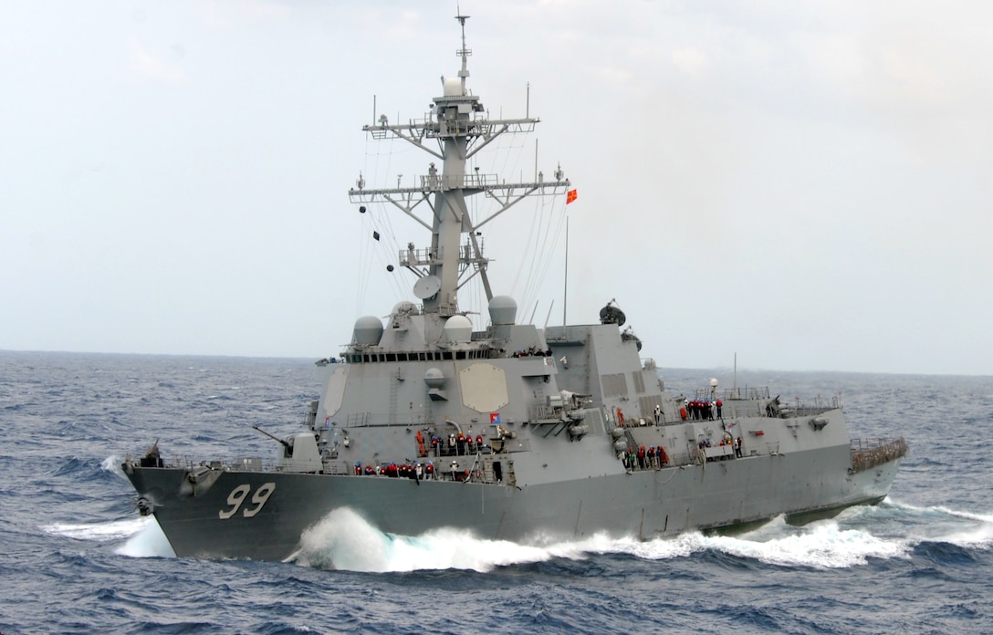 The guided-missile destroyer USS Farragut (DDG 99) operates in heavy seas. Farragut is on a scheduled deployment supporting maritime security operations, theater security cooperation efforts in the U.S. 2nd Fleet area of responsibility.