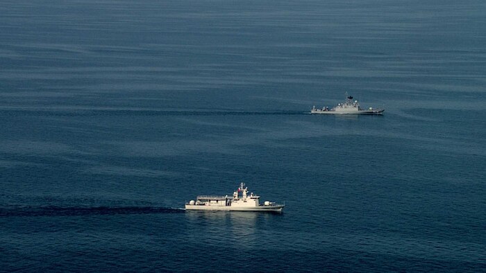 ARABIAN GULF (Feb. 22, 2023) Royal Bahrain Naval Force ship RBNS Al Manama (P50), left, sails alongside Royal Saudi Naval Forces ship HMS Hitteen (PCG 616) during exercise Sentinel Shield in the Arabian Gulf, Feb. 22, 2023. An operational task force for an 11-nation naval coalition called the International Maritime Security Construct completed the monthly naval exercise with ships and aircraft from Bahrain, Saudi Arabia and the United States.