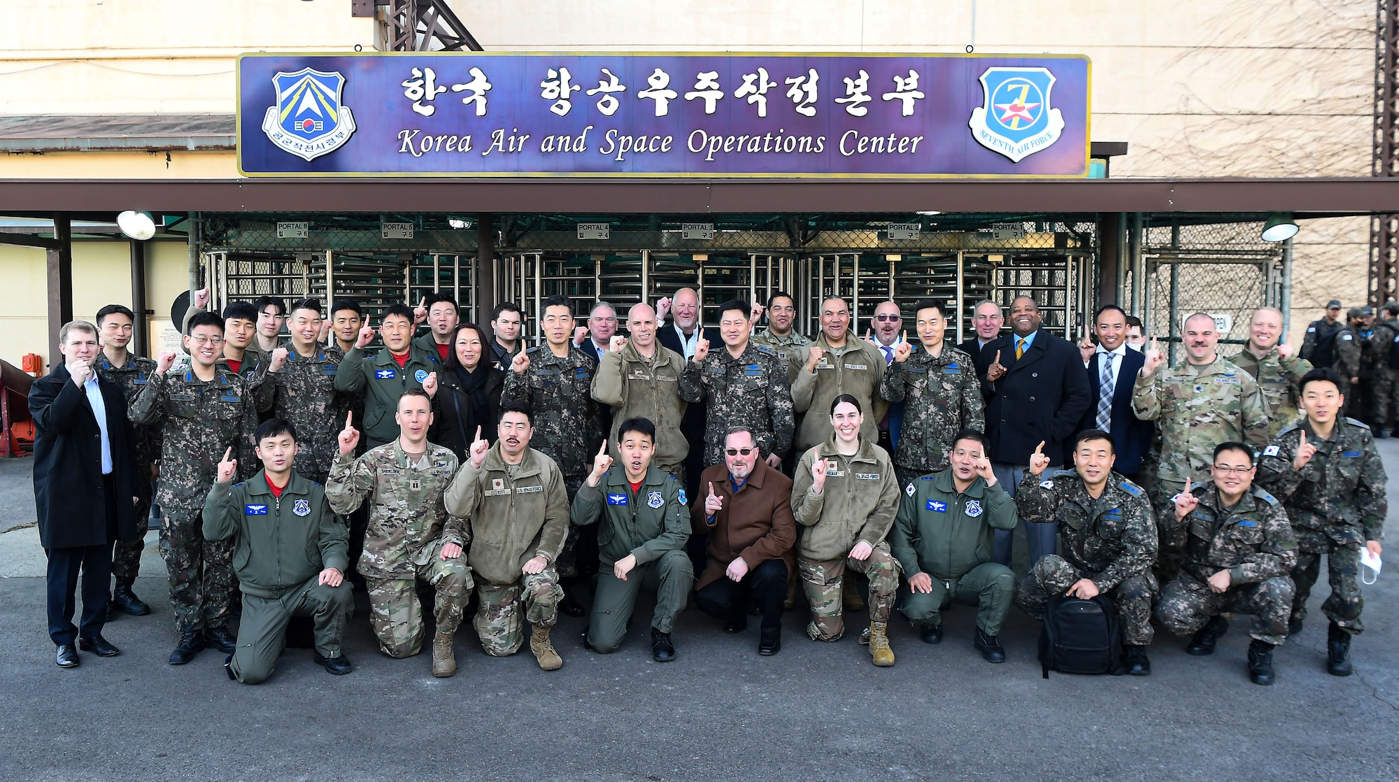U.S. Space Force Guardians and Republic of Korea Air Force space policy officers pose for a group photo, Feb. 22, 2023, at Osan Air Base, Republic of Korea.