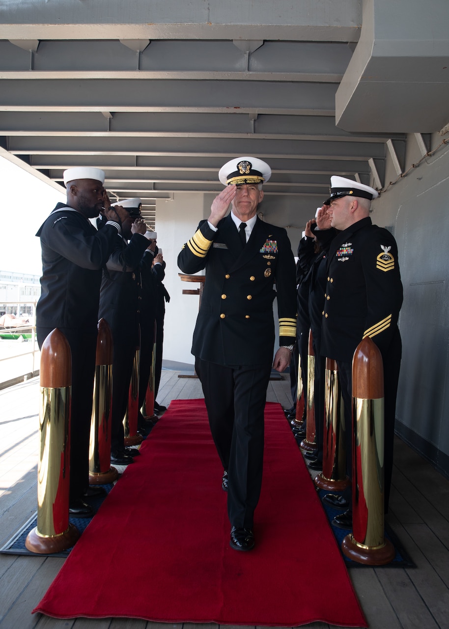 230222-N-GR847-3019 YOKOSUKA, Japan (Feb. 22, 2023) - Commander, U.S. 7th Fleet, Vice Adm. Karl Thomas, departs U.S. 7th Fleet flagship USS Blue Ridge (LCC 19) after conducting a tri-lateral meeting with Commander, Japan Maritime Self-Defense Force Self-Defense Fleet, Vice Adm. SAITO Akira, and Republic of Korea Navy Fleet Commander, Vice Adm. Kim Myung-soo, Feb. 22. 7th Fleet is the U.S. Navy’s largest forward-deployed numbered fleet and routinely interacts and operates with Allies and partners in preserving a free and open Indo-Pacific region. (U.S. Navy photo by Mass Communication Specialist 1st Class Reymundo A. Villegas III)