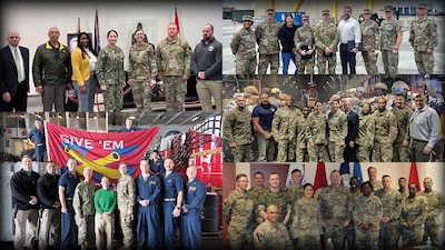 Collage of 5 photos showing groups of people