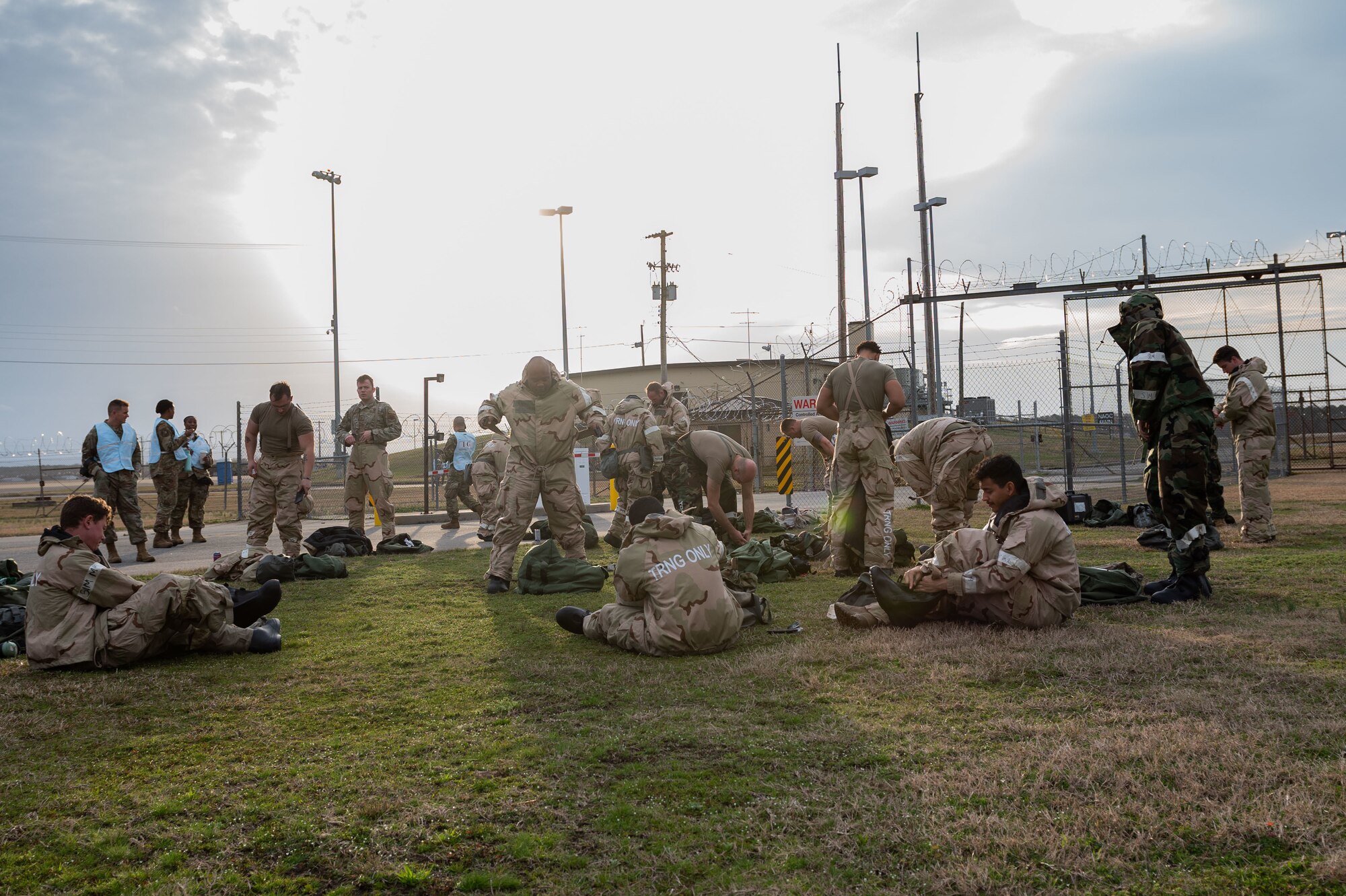 Multi-capable Airmen assigned to the 4th Fighter Wing put on their mission-oriented protective posture gear during a chemical, biological, radiological and nuclear exercise at Seymour Johnson Air Force Base, North Carolina, Feb. 17, 2023. MOPP is a flexible system of protection against chemical agents. (U.S. Air Force photo by Airman 1st Class Rebecca Sirimarco-Lang)