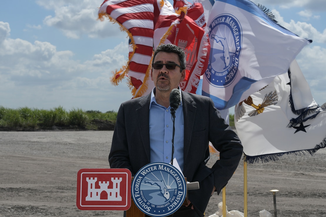 Assistant Secretary of the Army for Civil Works Michael Connor lauds USACE for their dedication to excellence during a groundbreaking ceremony marking the start of Everglades Agricultural Area (EAA) Reservoir, a key component of the Comprehensive Everglades Restoration Plan that reconnects Lake Okeechobee water to the central Everglades Feb. 21, 2022.  (U.S. Army Photo Brigida Sanchez)