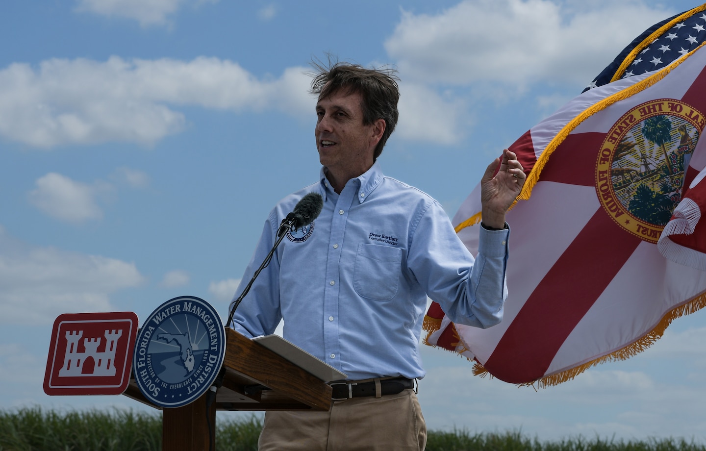 U.S. Army Corps of Engineers Jacksonville District Commander Col. James L. Booth speaks during a groundbreaking ceremony marking the start of Everglades Agricultural Area (EAA) Reservoir, a key component of the Comprehensive Everglades Restoration Plan that reconnects Lake Okeechobee water to the central Everglades Feb. 21, 2022.  (U.S. Army Photo Brigida Sanchez)