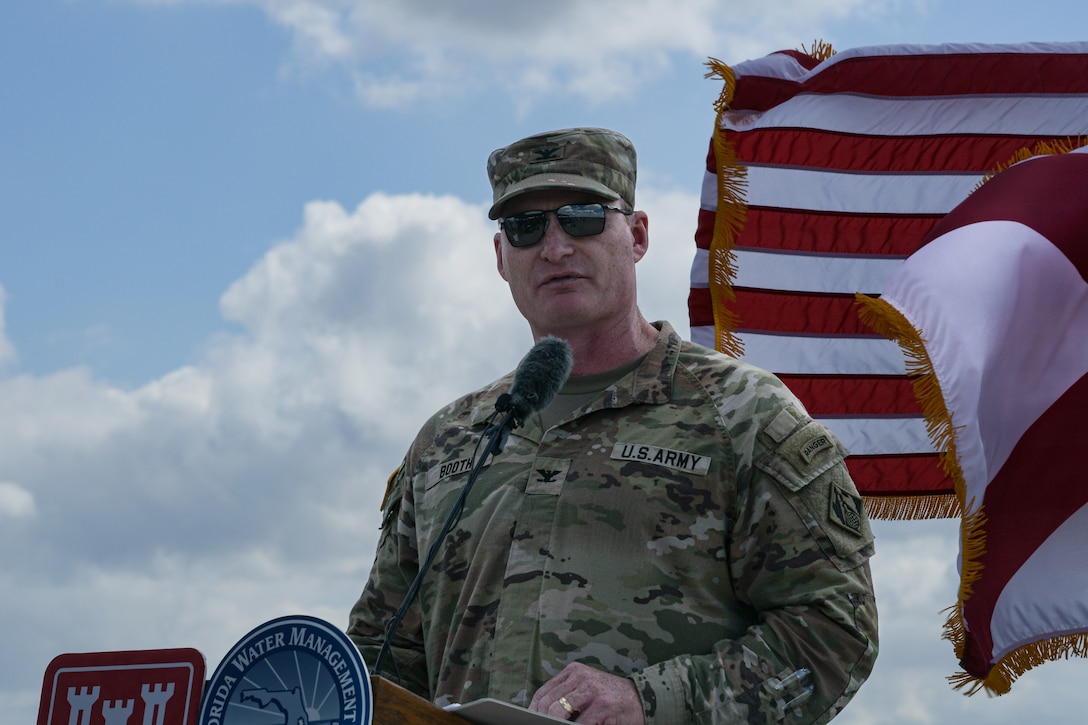 U.S. Army Corps of Engineers Jacksonville District Commander Col. James L. Booth speaks during a groundbreaking ceremony marking the start of Everglades Agricultural Area (EAA) Reservoir, a key component of the Comprehensive Everglades Restoration Plan that reconnects Lake Okeechobee water to the central Everglades Feb. 21, 2022.  (U.S. Army Photo Brigida Sanchez)