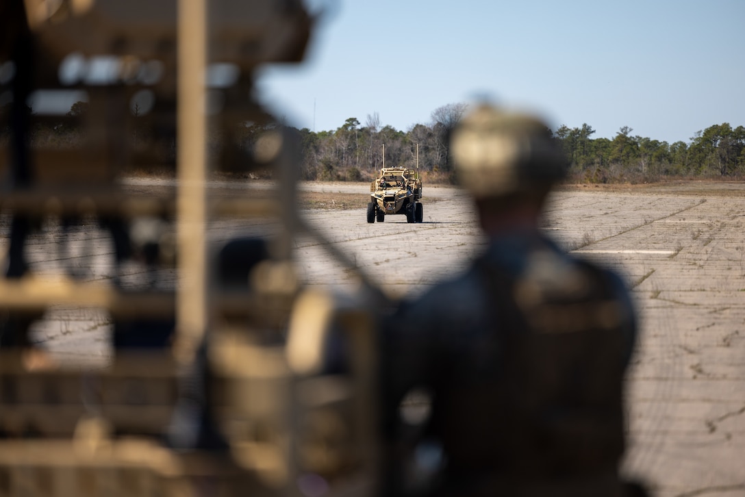 A Light Marine Air-Defense Integrated System (LMADIS) driven by Marines with 2d Low Altitude Air Defense (LAAD) Battalion on Marine Corps Air Station Cherry Point moves into position on the runway at Marine Corps Outlying Landing Field Atlantic, North Carolina, Feb. 15, 2023. The training allowed Marines to be hands-on with the LMADIS in preparation for a future deployment with a Marine Expeditionary Unit. (U.S. Marine Corps photo by Lance Cpl. Matthew Williams)