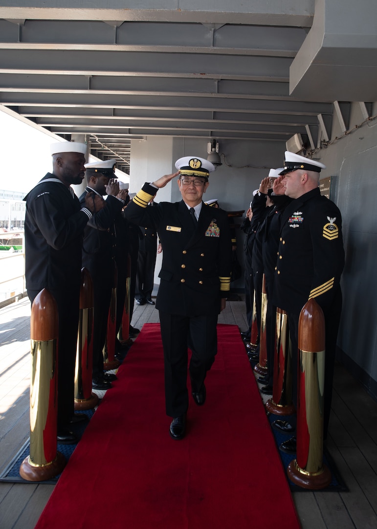 230222-N-GR847-3011 YOKOSUKA, Japan (Feb. 22, 2023) - Commander, Japan Maritime Self-Defense Force Self-Defense Fleet, Vice Adm. SAITO Akira, departs U.S. 7th Fleet flagship USS Blue Ridge (LCC 19) after conducting a tri-lateral meeting with Commander, U.S. 7th Fleet Vice Adm. Karl Thomas, and Republic of Korea Navy Fleet Commander, Vice Adm. Kim Myung-soo, Feb. 22. 7th Fleet is the U.S. Navy’s largest forward-deployed numbered fleet and routinely interacts and operates with Allies and partners in preserving a free and open Indo-Pacific region. (U.S. Navy photo by Mass Communication Specialist 1st Class Reymundo A. Villegas III)