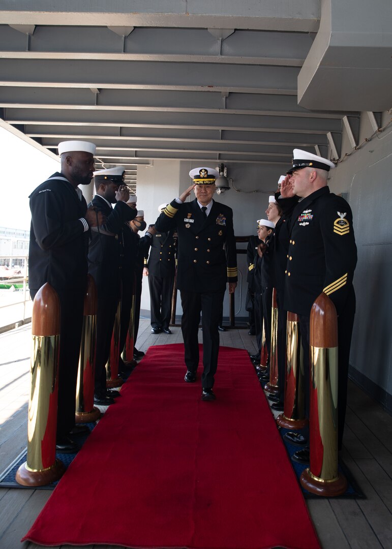 230222-N-GR847-3006 YOKOSUKA, Japan (Feb. 22, 2023) - Republic of Korea Navy Fleet Commander, Vice Adm. Kim Myung-soo, departs U.S. 7th Fleet flagship USS Blue Ridge (LCC 19) after conducting a tri-lateral meeting with Commander, U.S. 7th Fleet, Vice Adm. Karl Thomas, and Commander, Japan Maritime Self-Defense Force Self-Defense Fleet Vice Adm. SAITO Akira, Feb. 22. 7th Fleet is the U.S. Navy’s largest forward-deployed numbered fleet and routinely interacts and operates with Allies and partners in preserving a free and open Indo-Pacific region. (U.S. Navy photo by Mass Communication Specialist 1st Class Reymundo A. Villegas III)