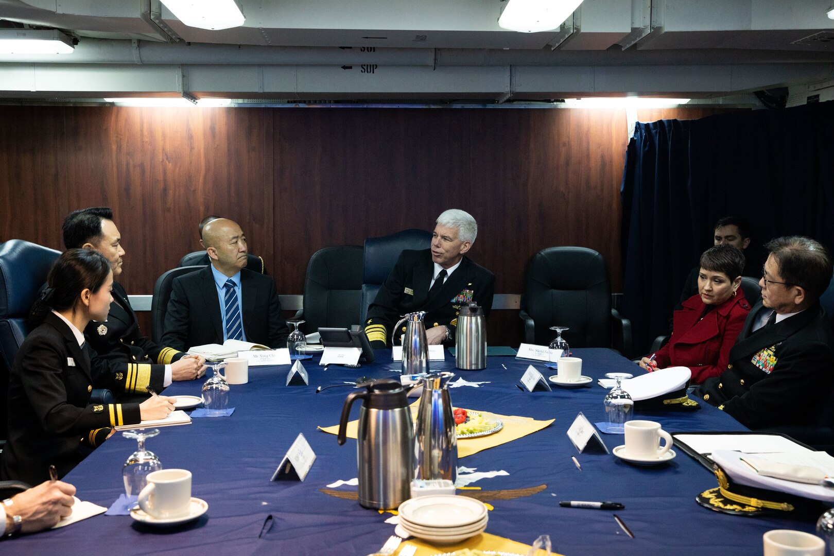 230222-N-GR847-2037 YOKOSUKA, Japan (Feb. 22, 2023) - Commander, U.S. 7th Fleet, Vice Adm. Karl Thomas, speaks during a tri-lateral meeting with Commander, Japan Maritime Self-Defense Force Self-Defense Fleet, Vice Adm. SAITO Akira, and Republic of Korea Navy Fleet Commander, Vice Adm. Kim Myung-soo, aboard U.S. 7th Fleet flagship USS Blue Ridge (LCC 19), Feb. 22. 7th Fleet is the U.S. Navy’s largest forward-deployed numbered fleet and routinely interacts and operates with Allies and partners in preserving a free and open Indo-Pacific region. (U.S. Navy photo by Mass Communication Specialist 1st Class Reymundo A. Villegas III)
