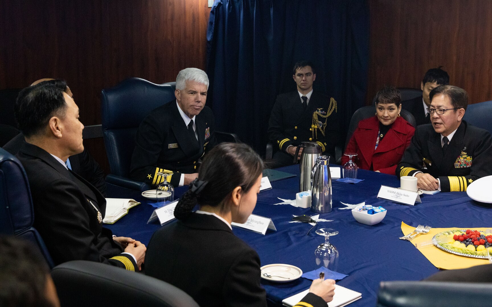 230222-N-GR847-2031 YOKOSUKA, Japan (Feb. 22, 2023) - Commander, Japan Maritime Self-Defense Force Self-Defense Fleet, Vice Adm. SAITO Akira, speaks during a tri-lateral meeting with Commander, U.S. 7th Fleet, Vice Adm. Karl Thomas, and Republic of Korea Navy Fleet Commander, Vice Adm. Kim Myung-soo, aboard U.S. 7th Fleet flagship USS Blue Ridge (LCC 19), Feb. 22. 7th Fleet is the U.S. Navy’s largest forward-deployed numbered fleet and routinely interacts and operates with Allies and partners in preserving a free and open Indo-Pacific region. (U.S. Navy photo by Mass Communication Specialist 1st Class Reymundo A. Villegas III)