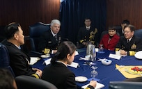 230222-N-GR847-2031 YOKOSUKA, Japan (Feb. 22, 2023) - Commander, Japan Maritime Self-Defense Force Self-Defense Fleet, Vice Adm. SAITO Akira, speaks during a tri-lateral meeting with Commander, U.S. 7th Fleet, Vice Adm. Karl Thomas, and Republic of Korea Navy Fleet Commander, Vice Adm. Kim Myung-soo, aboard U.S. 7th Fleet flagship USS Blue Ridge (LCC 19), Feb. 22. 7th Fleet is the U.S. Navy’s largest forward-deployed numbered fleet and routinely interacts and operates with Allies and partners in preserving a free and open Indo-Pacific region. (U.S. Navy photo by Mass Communication Specialist 1st Class Reymundo A. Villegas III)
