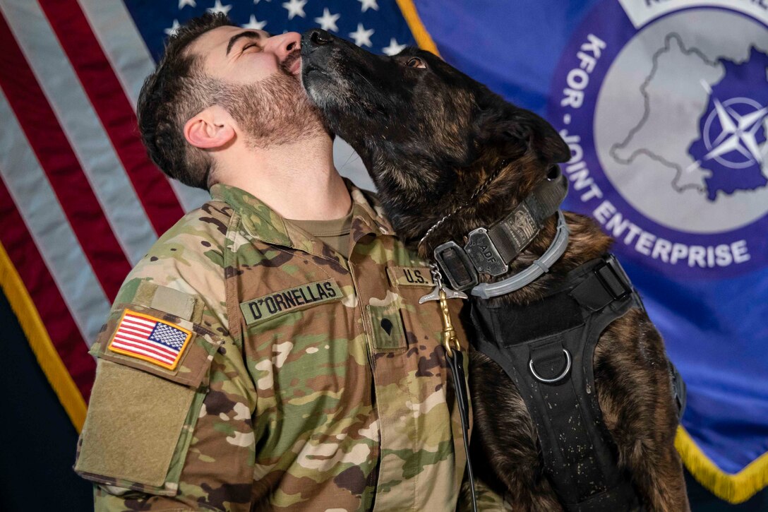 A soldier and a dog nuzzle their faces together.